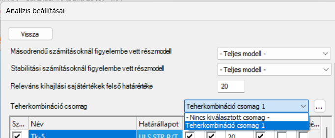 Analízis beállításai - teherkombinációs csomag kiválasztása